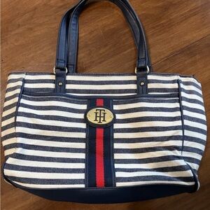 Tommy Hilfiger Tote Handbag Women Canvas Blue White Striped Purse Shoulder Bag